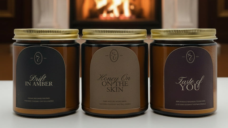 Three candles with labels on a white background